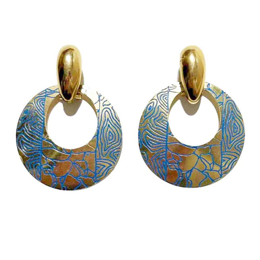 Vintage Dangling Hoop Earrings Gold Tone Blue Design Floral Flowers Wood Rings